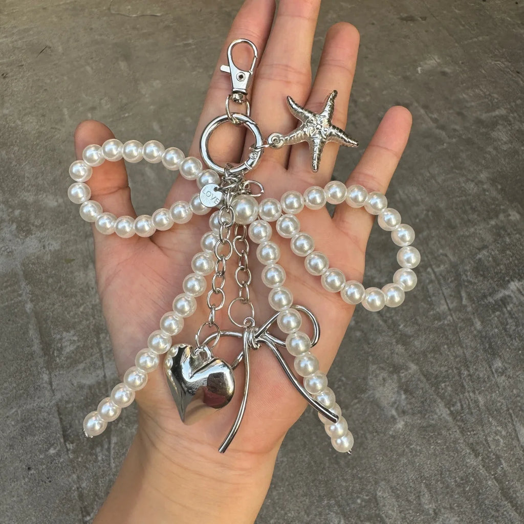 Pearl Bow & Heart Bag Charm