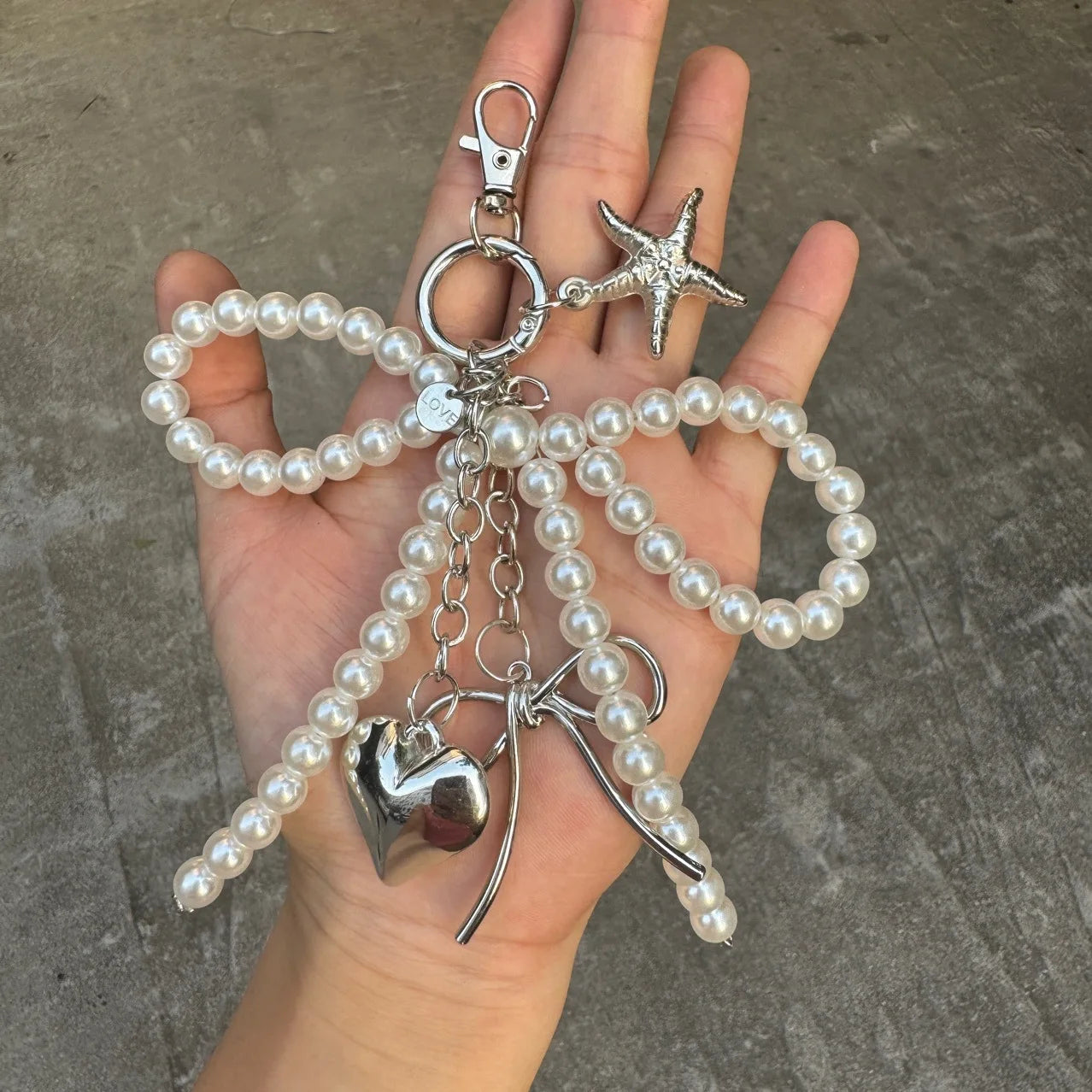 Pearl Bow & Heart Bag Charm