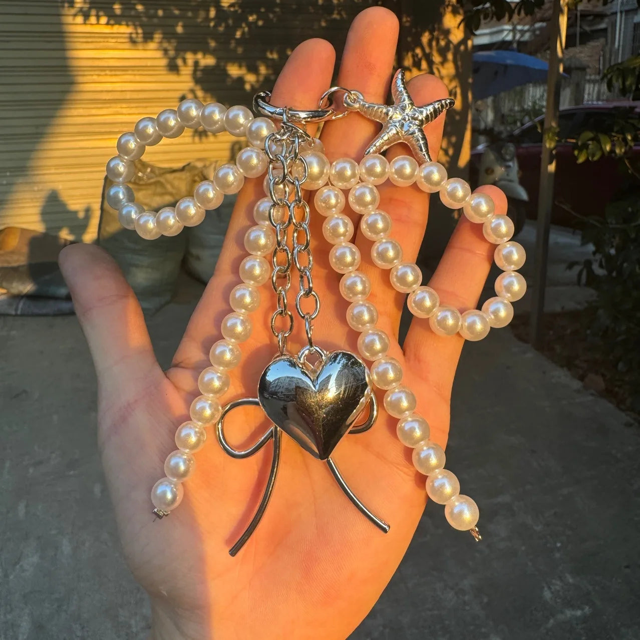 Pearl Bow & Heart Bag Charm