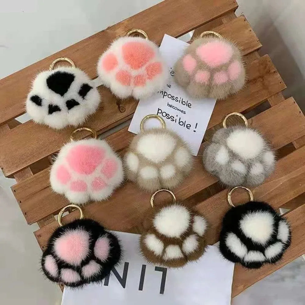 Fluffy Cat Paw Pompom Keychain