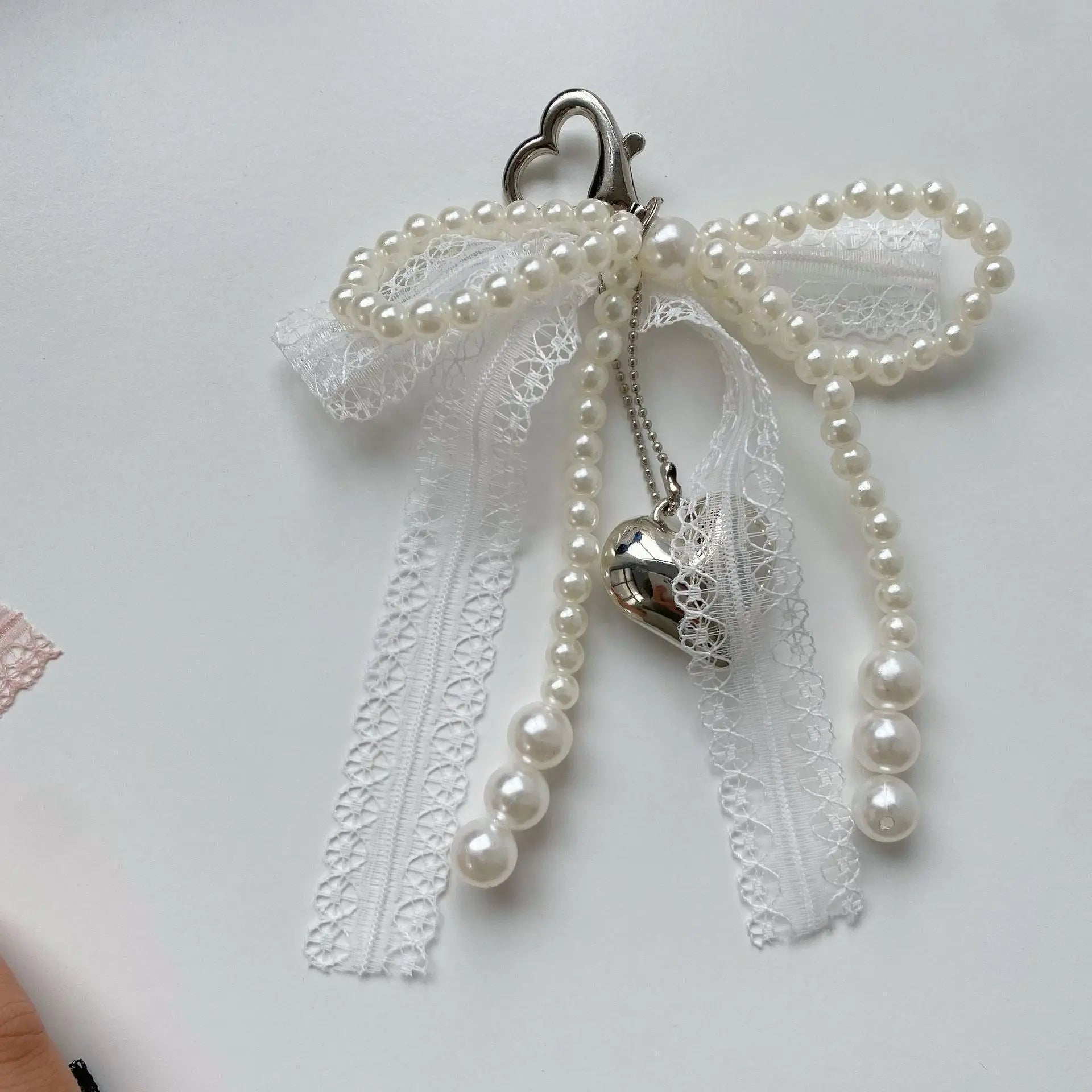 Pearl Bow & Heart Bag Charm
