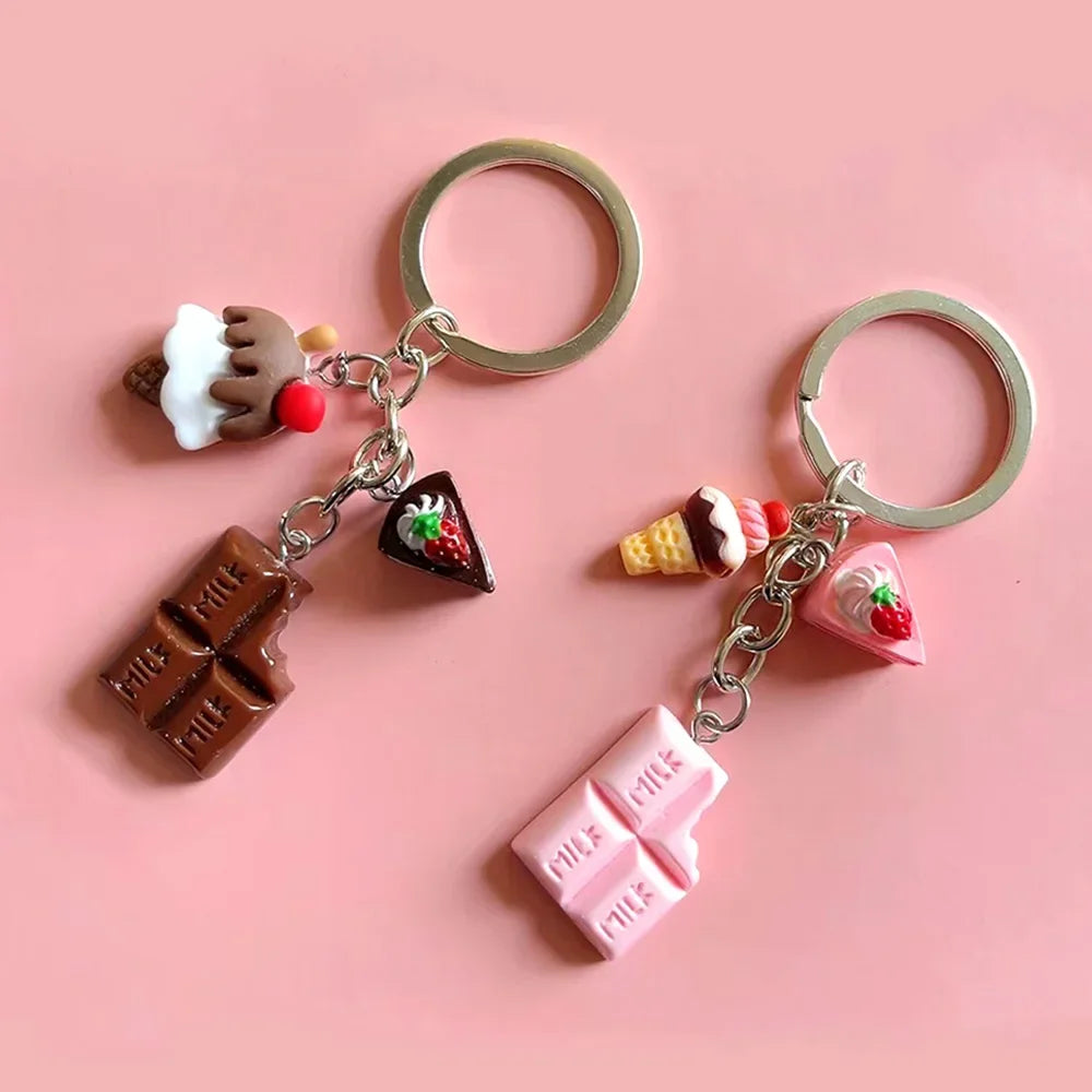 Glossy resin dessert charm keychain, chocolate and ice cream