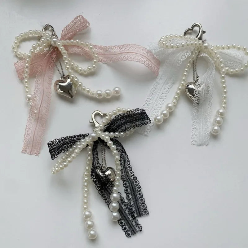 Pearl Bow & Heart Bag Charm