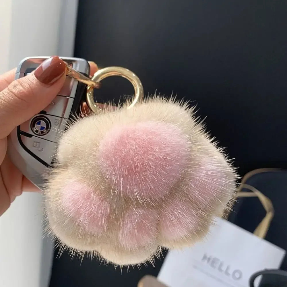 Fluffy Cat Paw Pompom Keychain