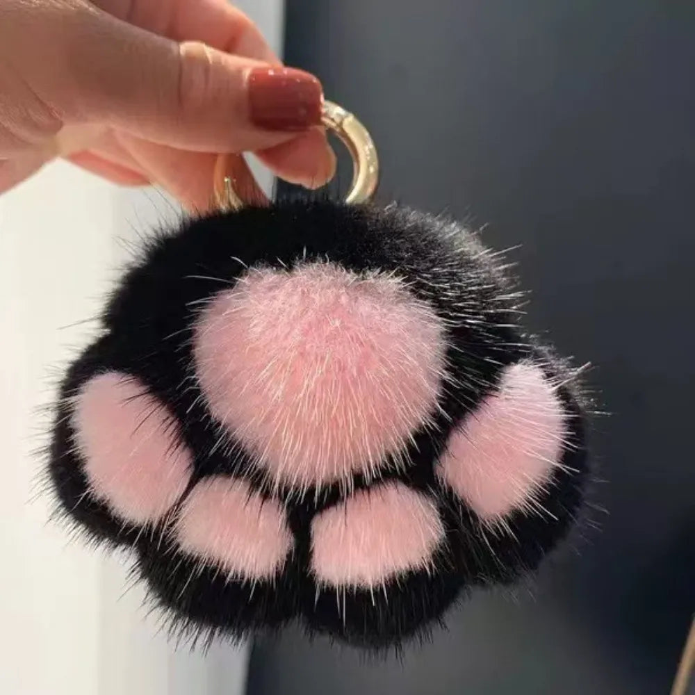 Fluffy Cat Paw Pompom Keychain