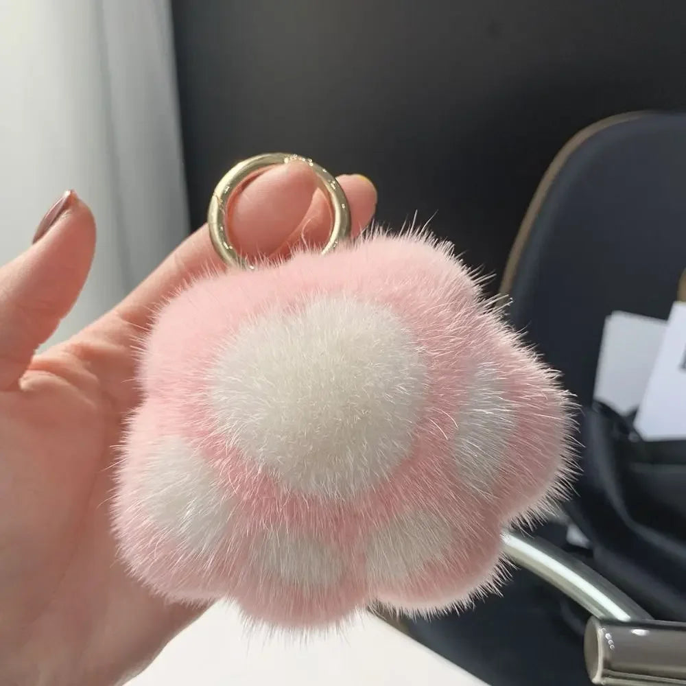 Fluffy Cat Paw Pompom Keychain