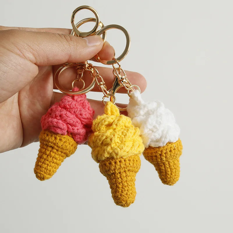 Hand-crocheted ice cream cone keychain