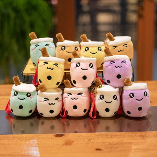 Soft boba milk tea plush charm with a sleepy face