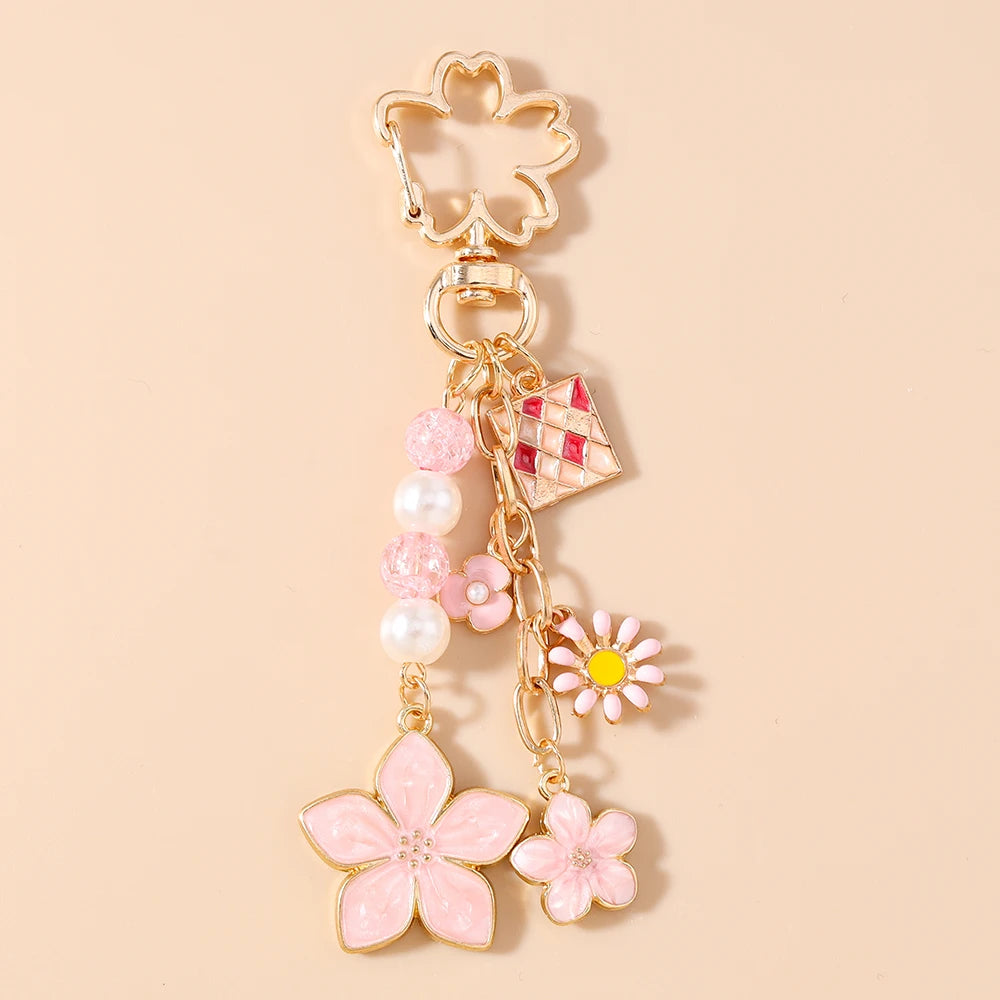 Enamel Pearl Flower Keychain
