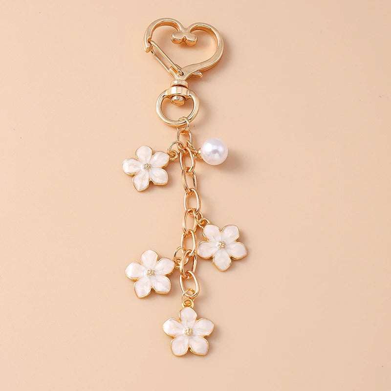 Enamel Pearl Flower Keychain