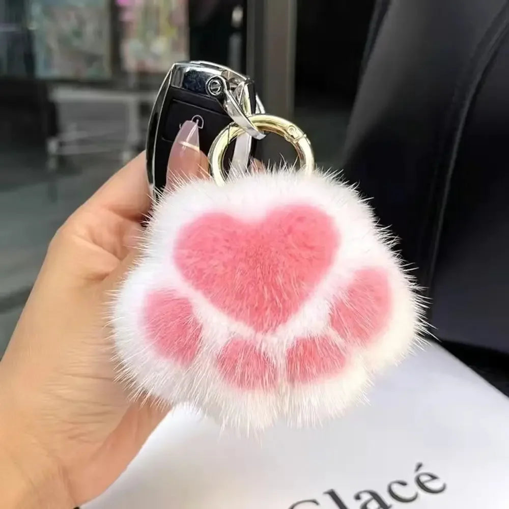 Fluffy Cat Paw Pompom Keychain