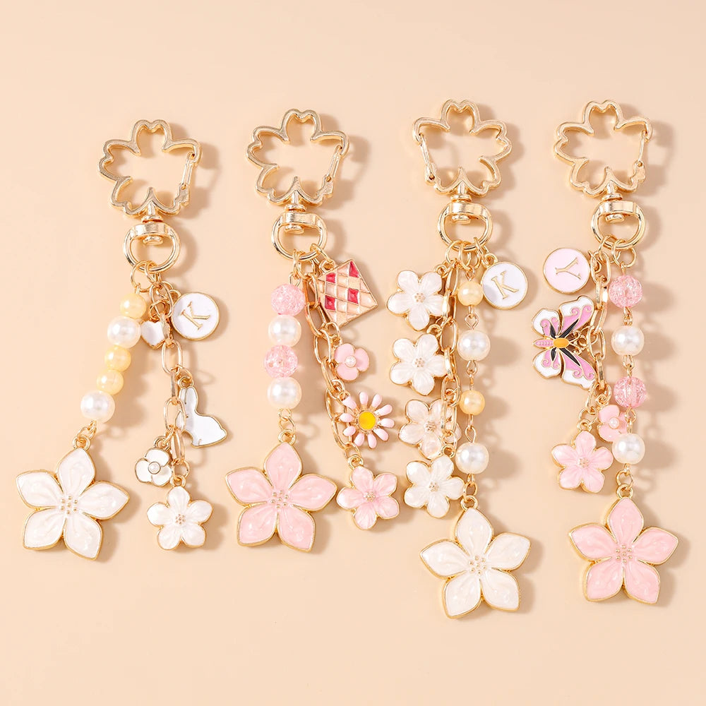 Enamel flower keychain with faux pearls and crystals