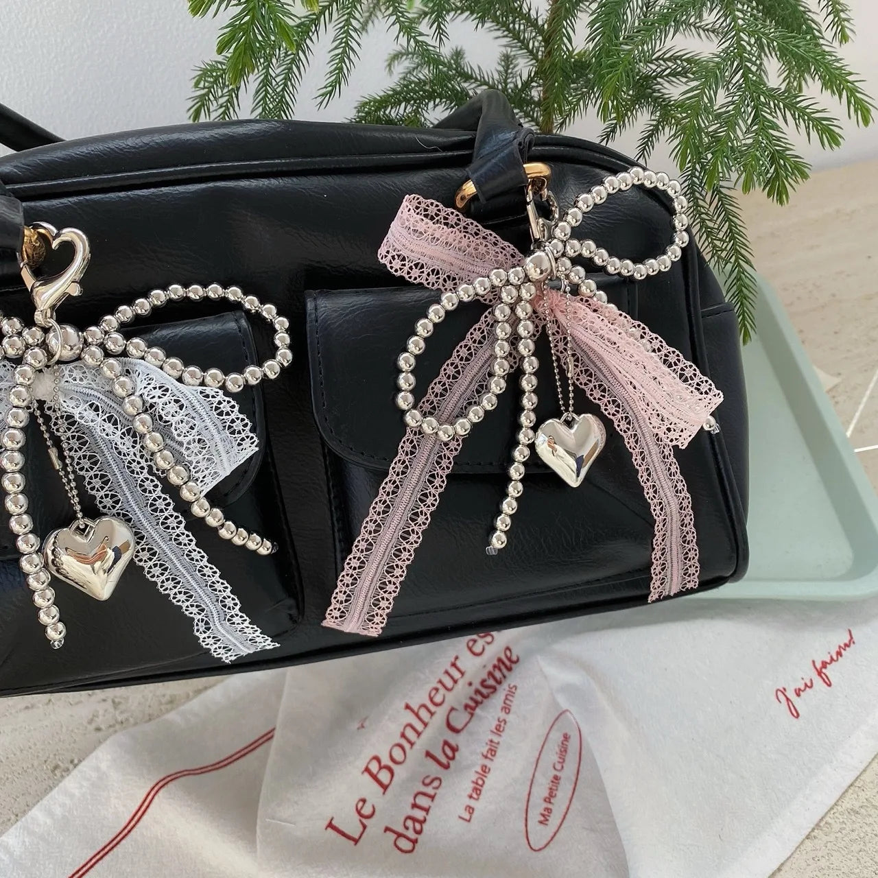 Pearl & Lace Bow Bag Charm